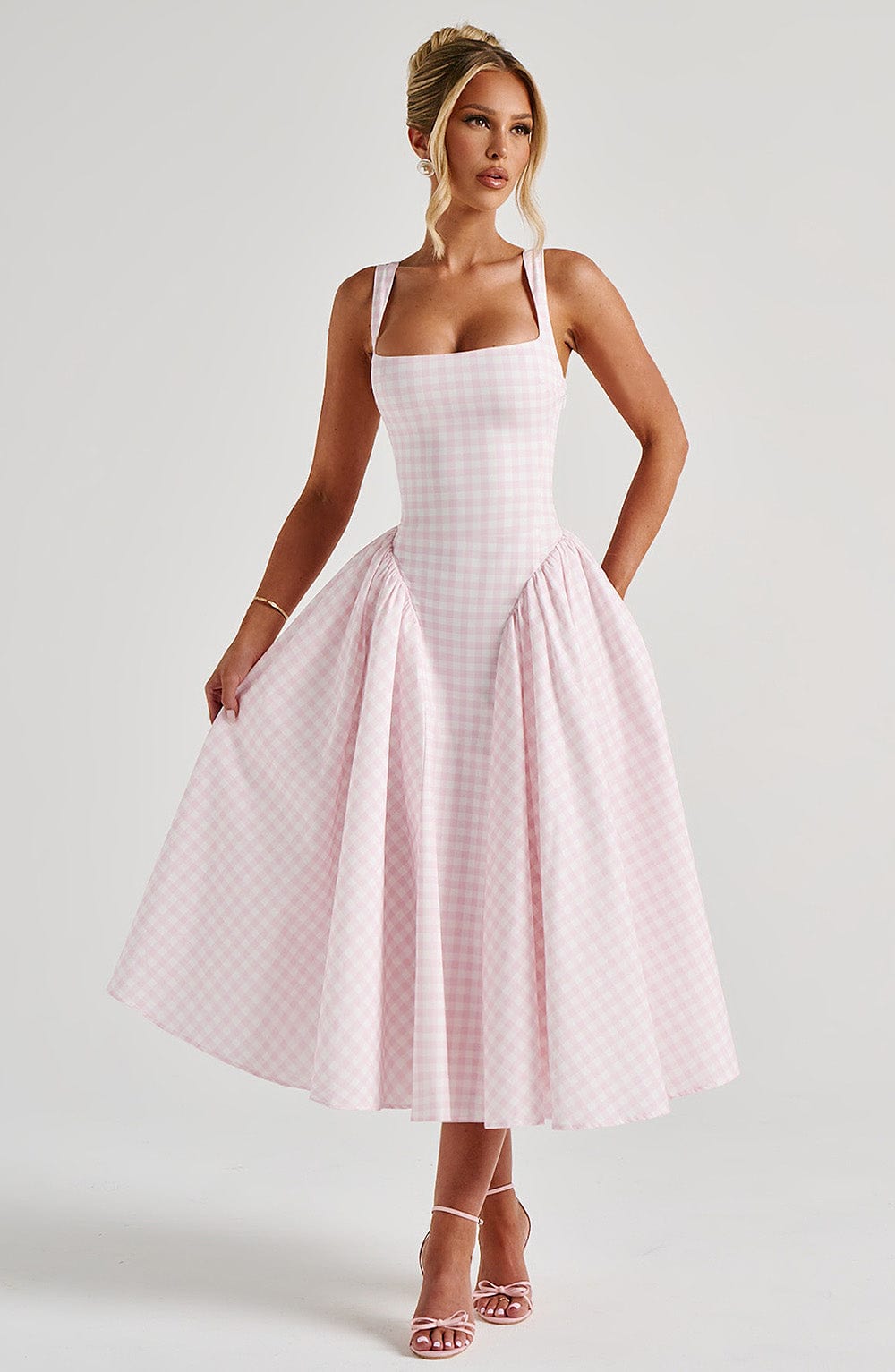 Elira Blush Gingham Midi Dress