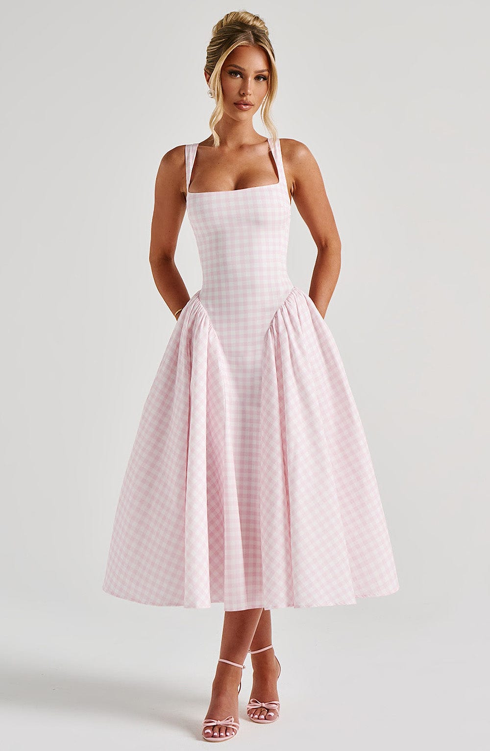 Elira Blush Gingham Midi Dress